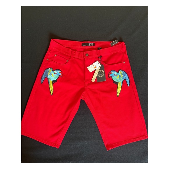 The High Other - The High Parrot Embroidered‎ Shorts Mens 40 Red New Slim Fit Bird Patch Denim